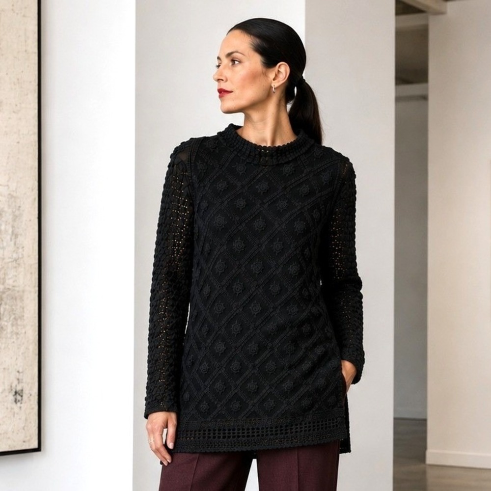 Vtg Vivienne Tam Suede Crochet Longline Sweater M Black Boho Artwear East West